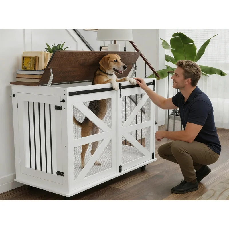 47.2" Flip-Top Dog Crate with Dual Access, 5-Caster Base, Locking Wheels, Side Hooks – Multi-Functional Pet Kennel
47.2" Flip-Top Dog Crate with Dual Access, 5-Caster Base, Locking Wheels, Side Hooks – Multi-Functional Pet Kennel
