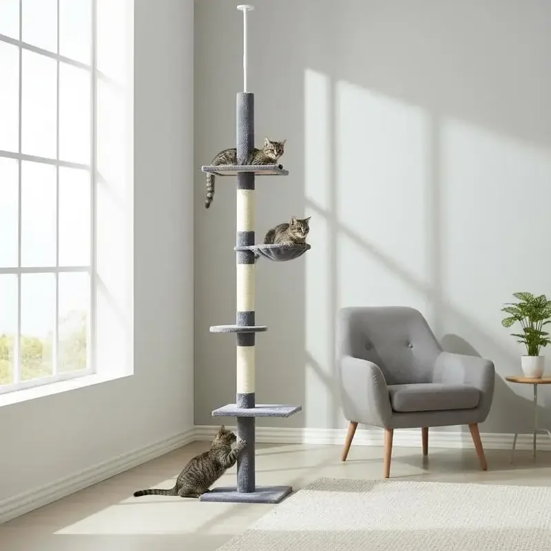 Floor to Ceiling Cat Tree for Indoor Cats 5-Tier Kitty Tower Climbing Activity Center Scratching Post Adjustable Height 230-260 cm Grey
Floor to Ceiling Cat Tree for Indoor Cats 5-Tier Kitty Tower Climbing Activity Center Scratching Post Adjustable Height 230-260 cm Grey