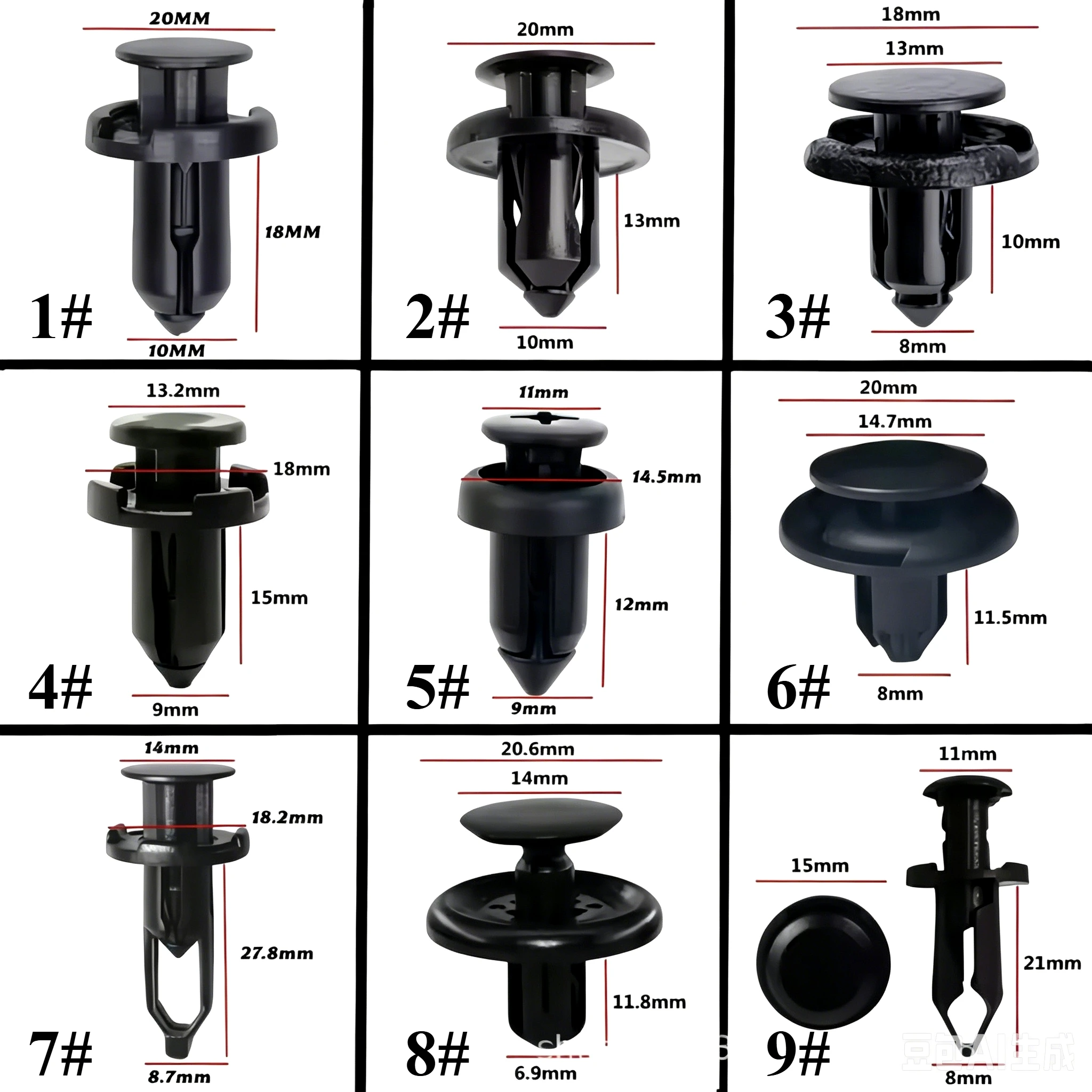 Universal car bumper clips, plastic fasteners for door trim panels and mudguards with 7mm, 8mm, 9mm and 10mm holes
Universal car bumper clips, plastic fasteners for door trim panels and mudguards with 7mm, 8mm, 9mm and 10mm holes