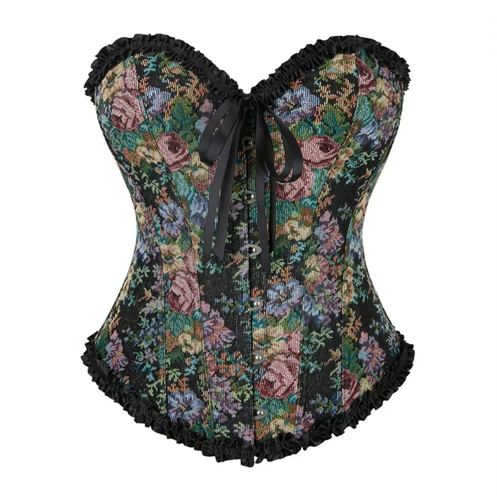 Women Black Vintage Floral Print Overbust Corset Sexy Lace Ruffled Body Shaper Lingerie Bustiers Tops Gothic Corselet
Women Black Vintage Floral Print Overbust Corset Sexy Lace Ruffled Body Shaper Lingerie Bustiers Tops Gothic Corselet