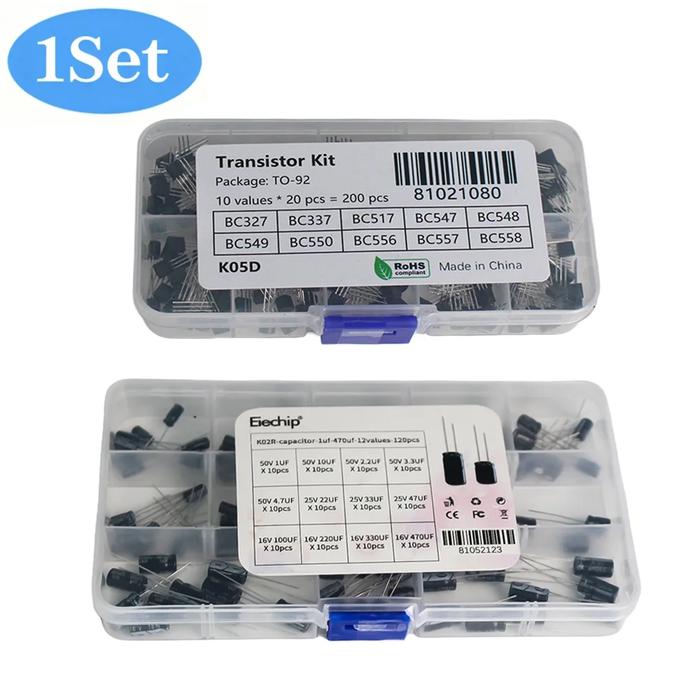 120PCS 1uF-470uF Aluminum Electrolytic Capacitor Kit (16V/25V/50V) + 200PCS 10Values TO-92 NPN PNP Transistor DIY Electronic Kit
120PCS 1uF-470uF Aluminum Electrolytic Capacitor Kit (16V/25V/50V) + 200PCS 10Values TO-92 NPN PNP Transistor DIY Electronic Kit