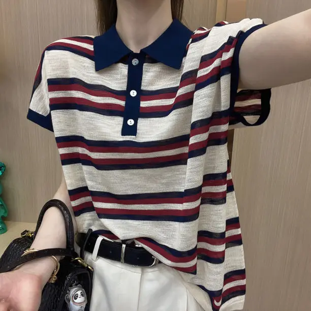 Women Polo Neck Contrasting Color Stripe Tees Fashion Vintage Clothes Polo Shirt Casual Women Summer Short Sleeve T-Shirts S948
Women Polo Neck Contrasting Color Stripe Tees Fashion Vintage Clothes Polo Shirt Casual Women Summer Short Sleeve T-Shirts S948