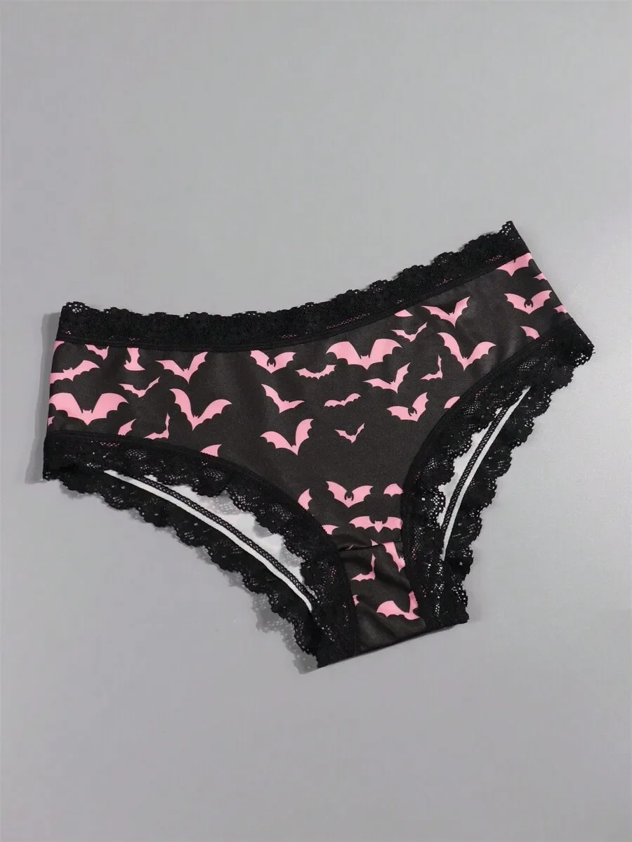 Sexy Gothic Style Women Low-Waist Panties With Pink Bat Print And Black Lace Trim
Sexy Gothic Style Women Low-Waist Panties With Pink Bat Print And Black Lace Trim