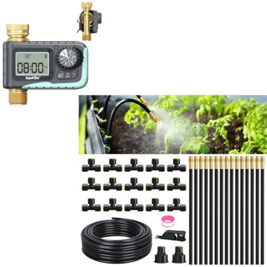 50FT Drip Irrigation System with Sprinkler Timer Automatic Garden Watering Kit with 15pcs 360 Adjustable Copper Nozzles for Gre
50FT Drip Irrigation System with Sprinkler Timer Automatic Garden Watering Kit with 15pcs 360 Adjustable Copper Nozzles for Gre