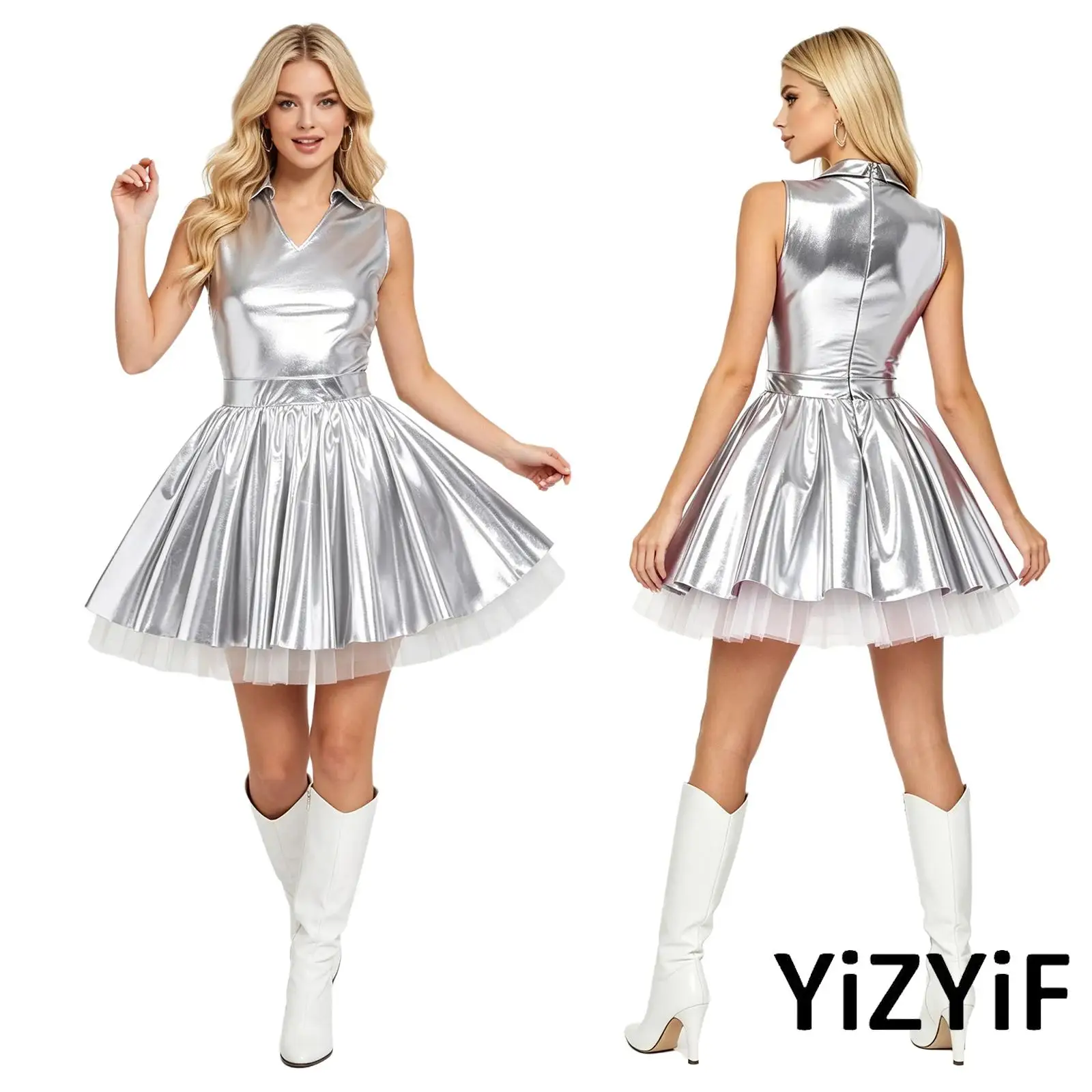 Women Metallic Shiny Tutu Dress Lapel V Neck Sleeveless A Line Hem Tulle Layers Mini Dress for Night Club Disco Bar Stage Dance
Women Metallic Shiny Tutu Dress Lapel V Neck Sleeveless A Line Hem Tulle Layers Mini Dress for Night Club Disco Bar Stage Dance