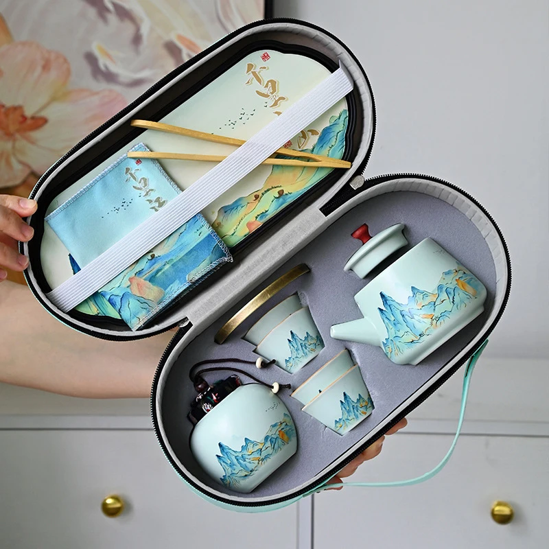 Cultural and creative "Qianli Jiangshan" travel tea set, complete with tea canister, outdoor tea tray, leather bag, ceramic
Cultural and creative "Qianli Jiangshan" travel tea set, complete with tea canister, outdoor tea tray, leather bag, ceramic