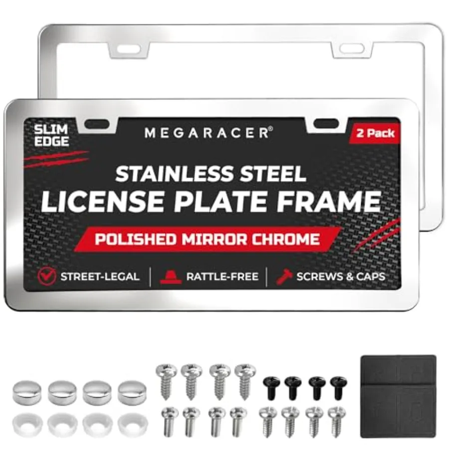 Polished Mirror Chrome Silver Thin License Plate Frames 2 Pack, Car Wash Proof Stainless Steel, Rust-Free, Rattle-Free, Street
Polished Mirror Chrome Silver Thin License Plate Frames 2 Pack, Car Wash Proof Stainless Steel, Rust-Free, Rattle-Free, Street