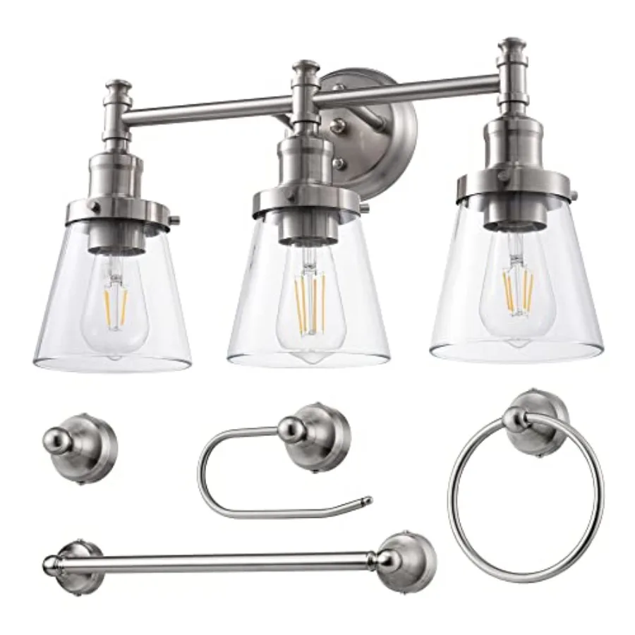 Bathroom Light Fixtures, 5-Piece All-in-One Bathroom Light Set, 3 Light Bathroom Vanity Light with Glass Shades, Towel Bar, Tow
Bathroom Light Fixtures, 5-Piece All-in-One Bathroom Light Set, 3 Light Bathroom Vanity Light with Glass Shades, Towel Bar, Tow