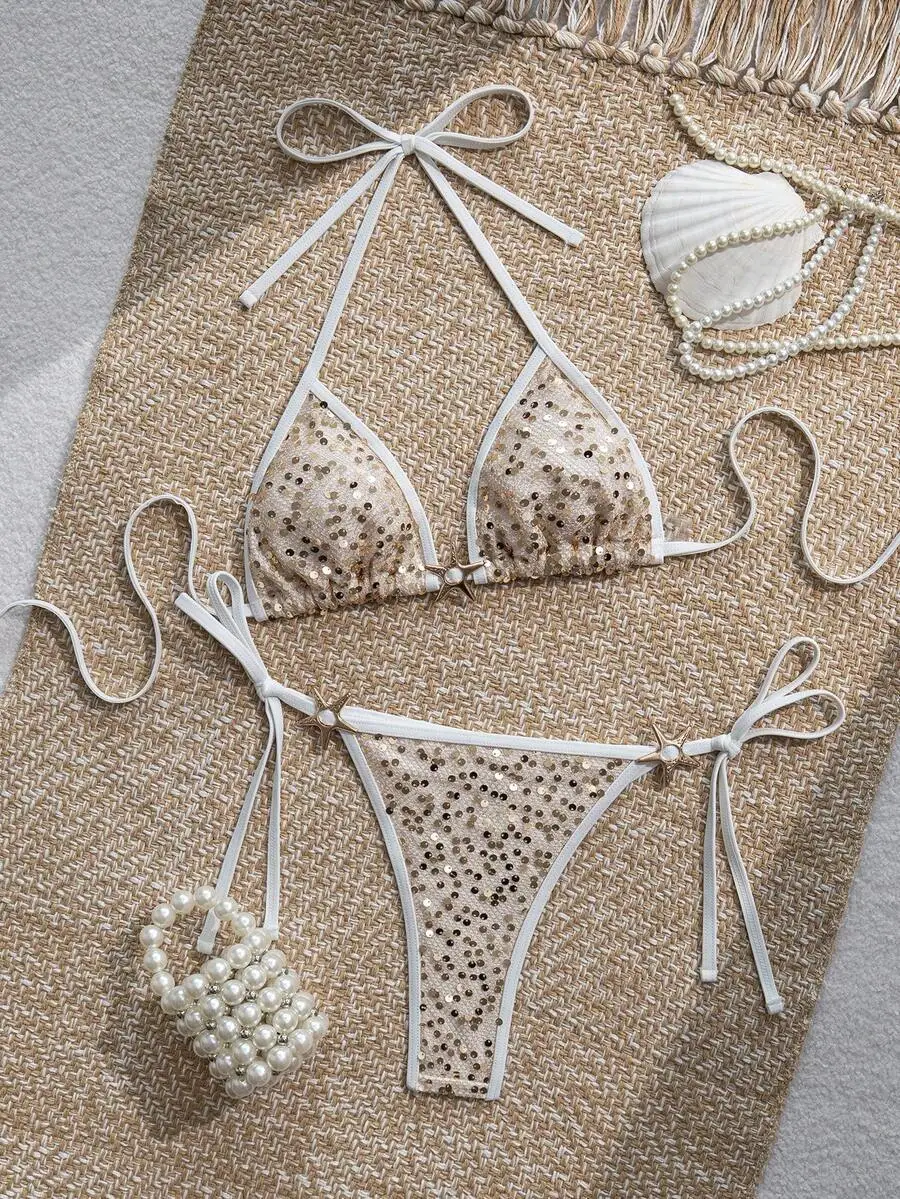 Womens Sequin Halter Tie Triangle Bikini Set With Pearl Decor
Womens Sequin Halter Tie Triangle Bikini Set With Pearl Decor