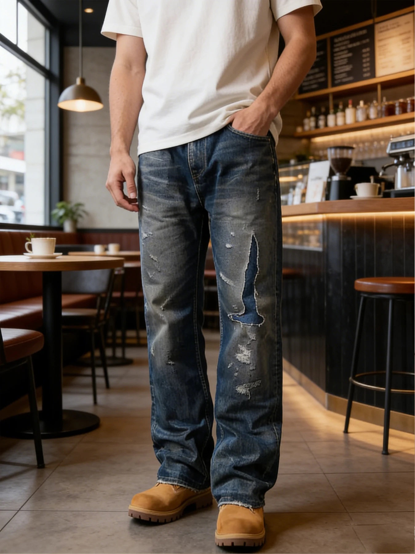 American-style high street heavy-duty patchwork straight-leg jeans for men, distressed, washed, loose, drapey trendy long pants
American-style high street heavy-duty patchwork straight-leg jeans for men, distressed, washed, loose, drapey trendy long pants