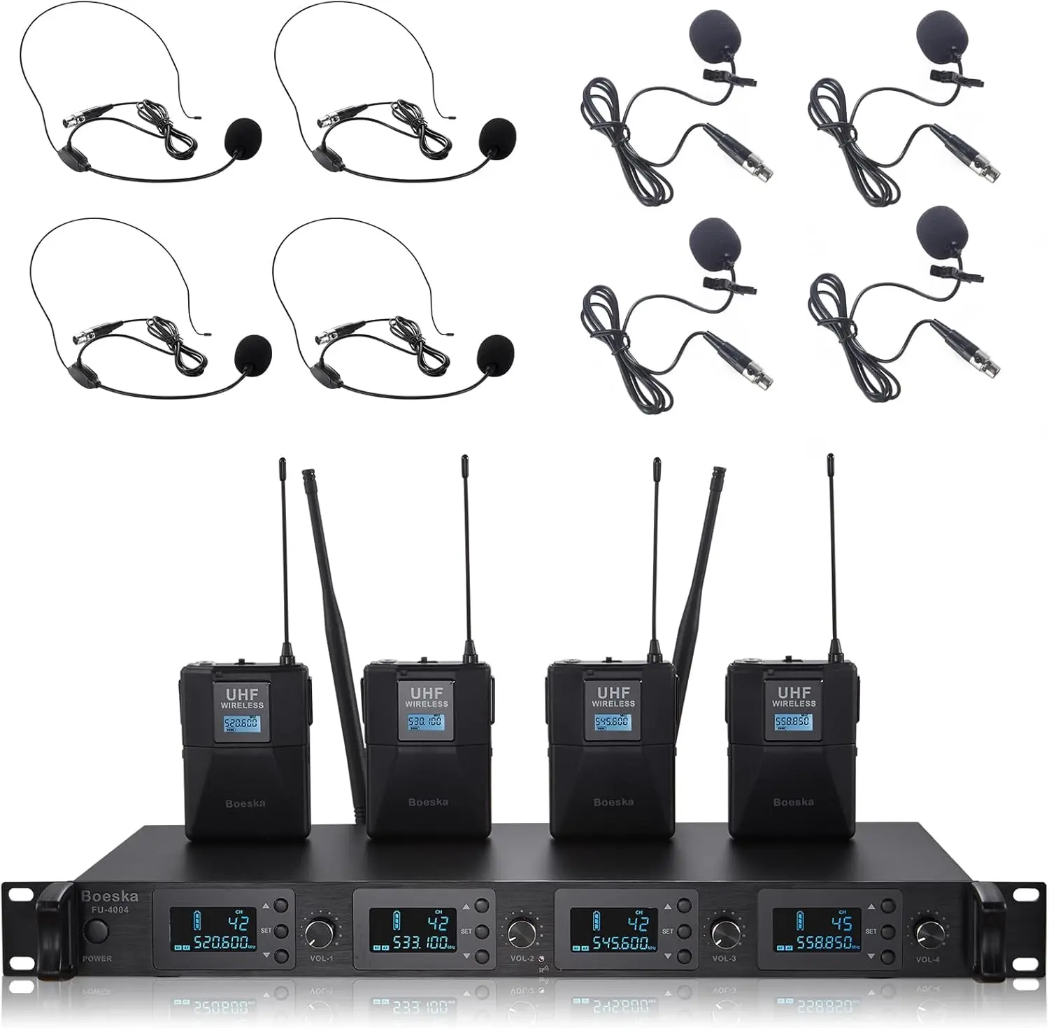 Wireless Microphone System 4 Channel UHF 4 Lavalier Lapel Headset Mics for Karaoke Church Speaking Conference Meeting Party
Wireless Microphone System 4 Channel UHF 4 Lavalier Lapel Headset Mics for Karaoke Church Speaking Conference Meeting Party