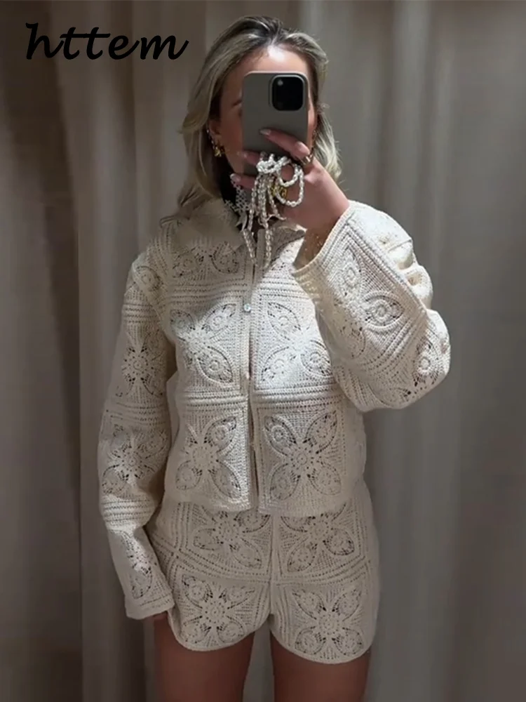Elegant Crochet Hollow Out Shorts Sets Women Loose Lapel Button Long Sleeve Tops Elastic Short Pants 2025 Summer Lady Outfits
Elegant Crochet Hollow Out Shorts Sets Women Loose Lapel Button Long Sleeve Tops Elastic Short Pants 2025 Summer Lady Outfits