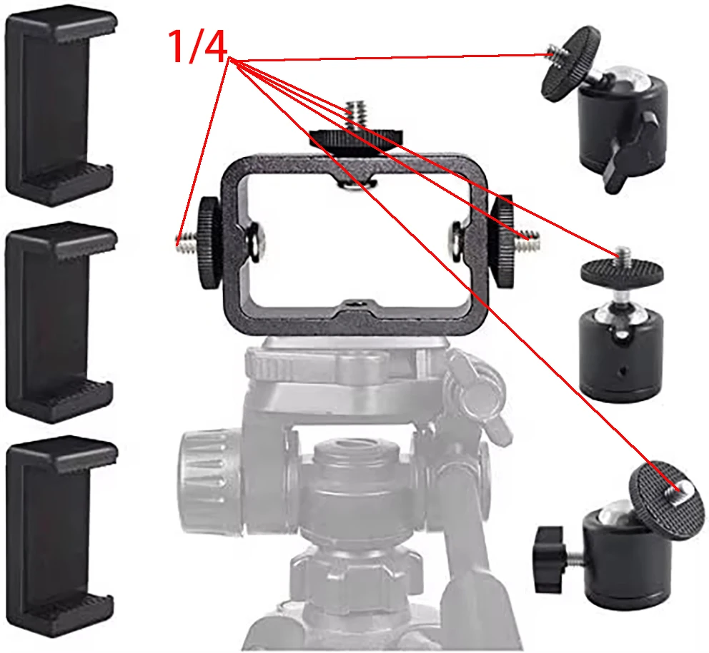 Tripod Mount Adapter Kit for 3 Devices. Works with Smartphones, iPhone, Android, GoPros, DSLR Cameras, Mic, LED, Ring Lights. 
Tripod Mount Adapter Kit for 3 Devices. Works with Smartphones, iPhone, Android, GoPros, DSLR Cameras, Mic, LED, Ring Lights.