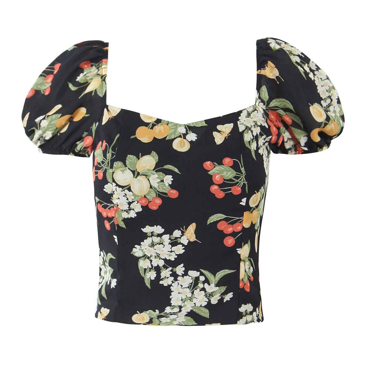French Style Retro Black Floral Print Short Puff Sleeve Shirt Women Ruched Elastic Zipper Back Slim Waist Summer Crop Tops
French Style Retro Black Floral Print Short Puff Sleeve Shirt Women Ruched Elastic Zipper Back Slim Waist Summer Crop Tops