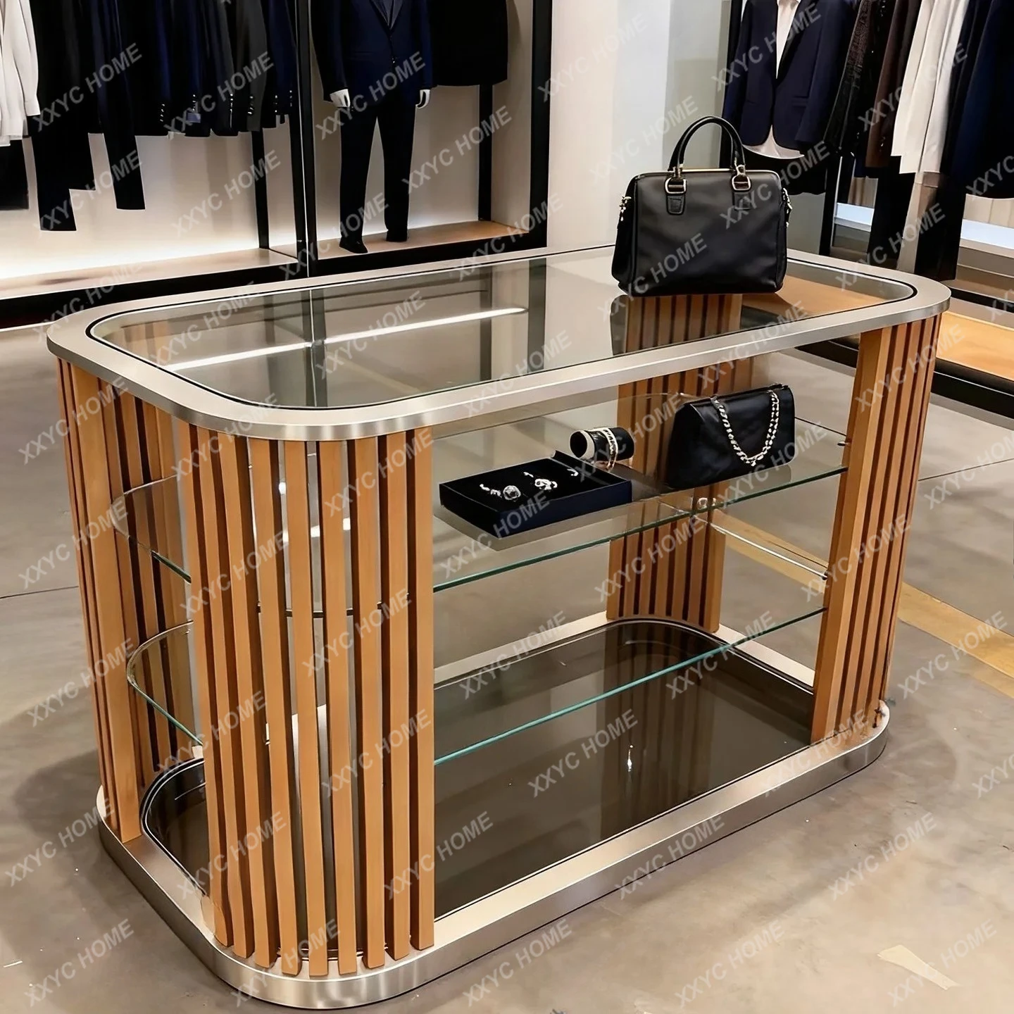LClothing store stainless steel Zhongdao platform glass water table wood grain display cabinet table display rack customization
LClothing store stainless steel Zhongdao platform glass water table wood grain display cabinet table display rack customization