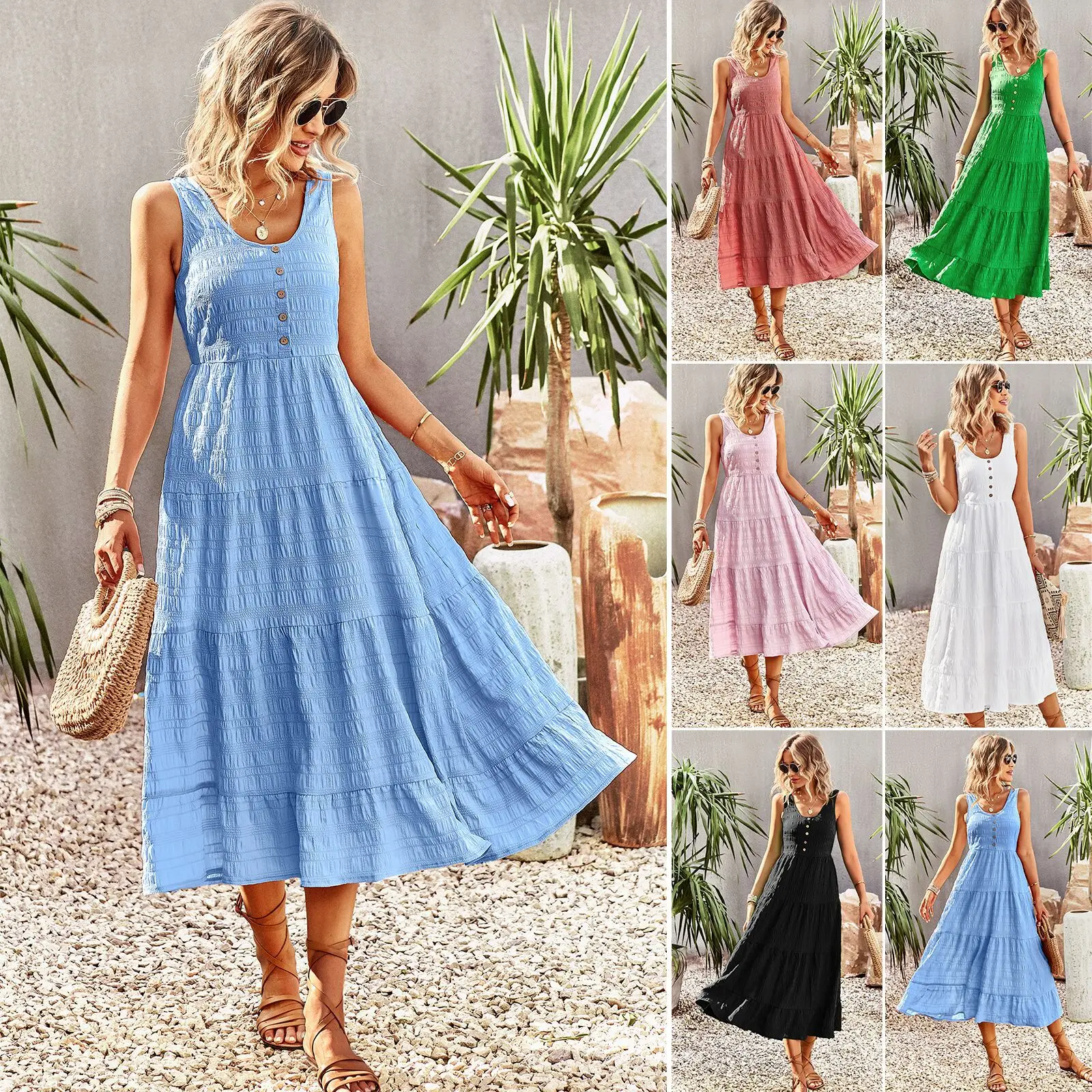 Women's Summer Spaghetti Strap Dress Sleeveless Ruffle Pocket A-line Dresses Elegant Button Dress Women Beach Holiday Skirt 원피스
Women's Summer Spaghetti Strap Dress Sleeveless Ruffle Pocket A-line Dresses Elegant Button Dress Women Beach Holiday Skirt 원피스
