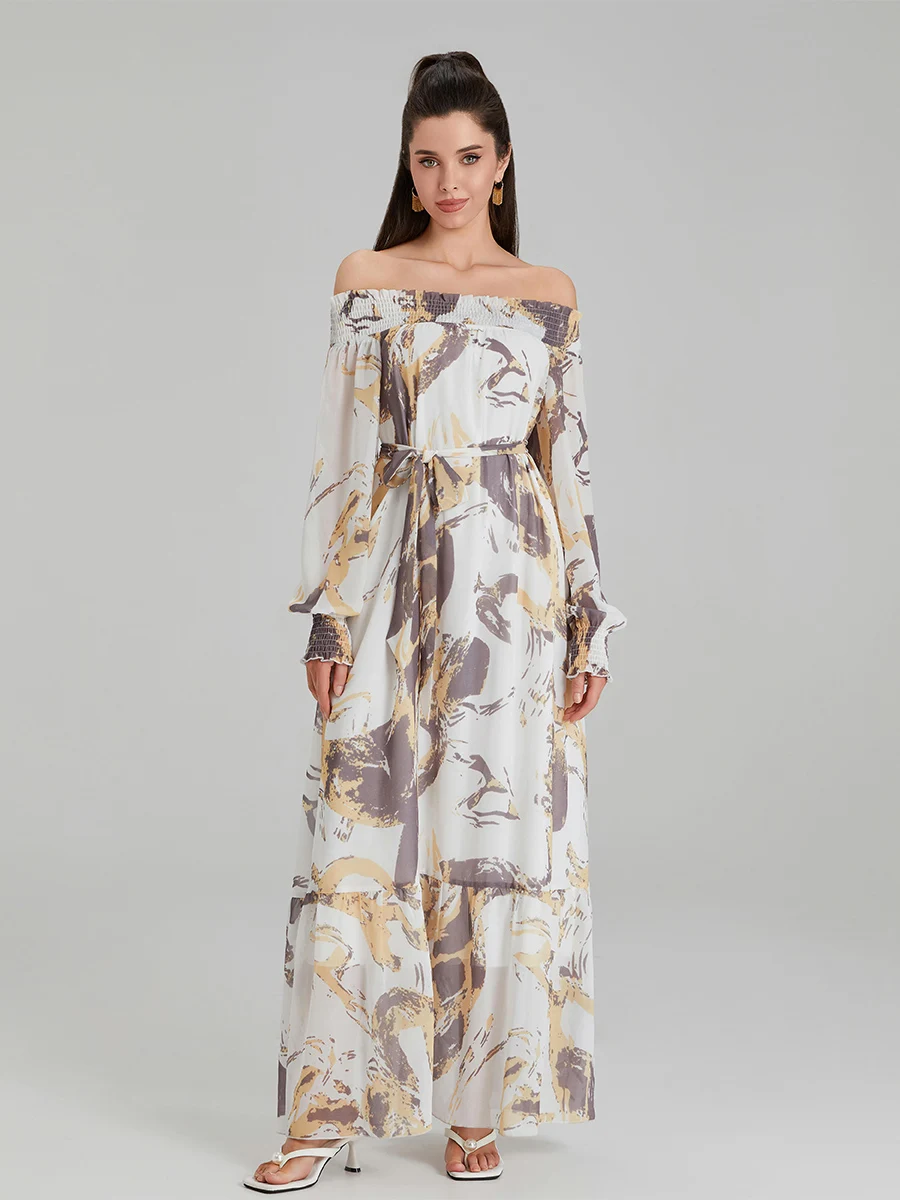 Women s Summer Belted Dress Off Shoulder Long Sleeve Abstract Print Long Dress Chiffon Dress
Women s Summer Belted Dress Off Shoulder Long Sleeve Abstract Print Long Dress Chiffon Dress