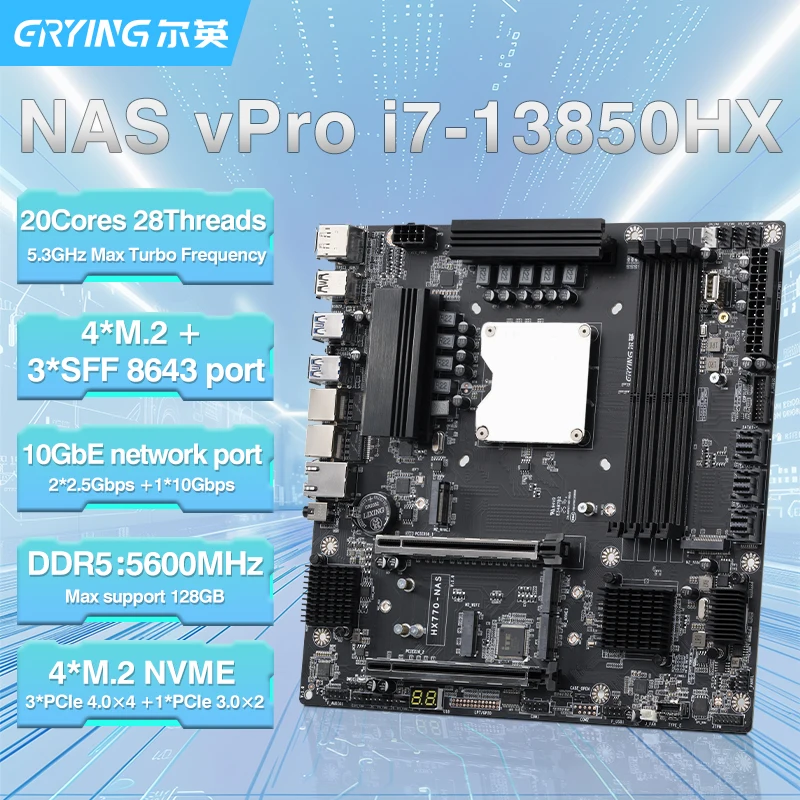 Erying NAS vPro Motherboard CPU RAM Combo i7 13850HX 20C28T 4*DDR5 4*M.2 NVMe Slot PCIE4.0x16 12*SATA 2*2.5G I226 Network DP HD
Erying NAS vPro Motherboard CPU RAM Combo i7 13850HX 20C28T 4*DDR5 4*M.2 NVMe Slot PCIE4.0x16 12*SATA 2*2.5G I226 Network DP HD