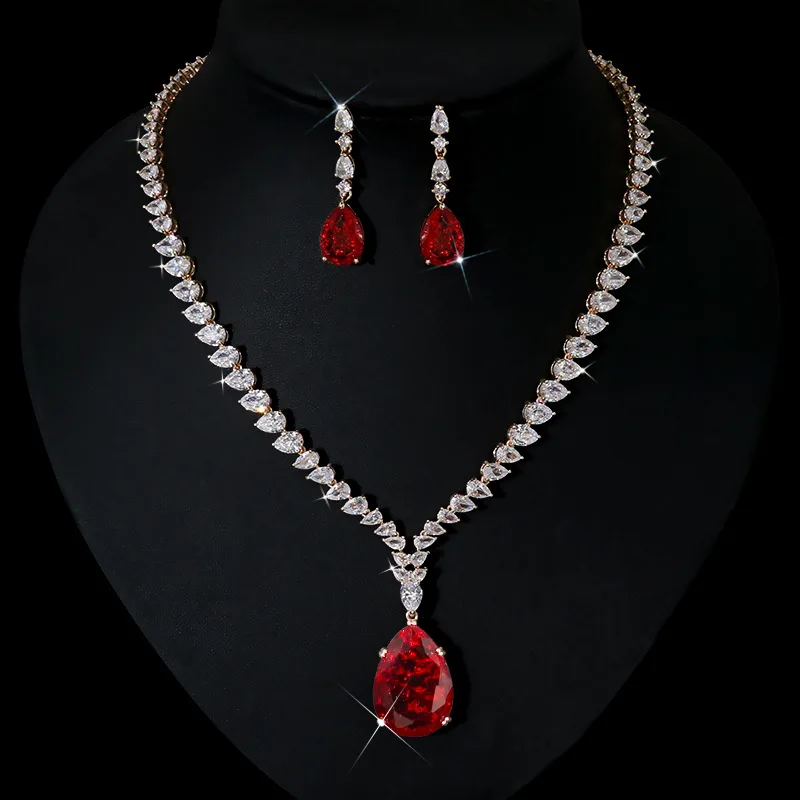 Luxury Shiny Big Red Water Drop Cubic Zirconia Necklace Earring Set for Women High Quality Fashion Party Wedding Jewelry
Luxury Shiny Big Red Water Drop Cubic Zirconia Necklace Earring Set for Women High Quality Fashion Party Wedding Jewelry