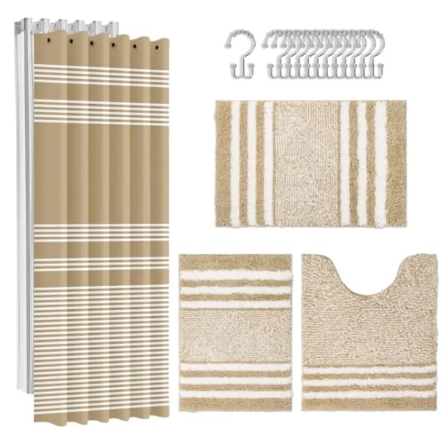 Beige Stripes Bathroom Sets with Shower Curtain and Rugs, Minimalist Modern Striped Waterproof Shower Curtain Liner and Soft No
Beige Stripes Bathroom Sets with Shower Curtain and Rugs, Minimalist Modern Striped Waterproof Shower Curtain Liner and Soft No