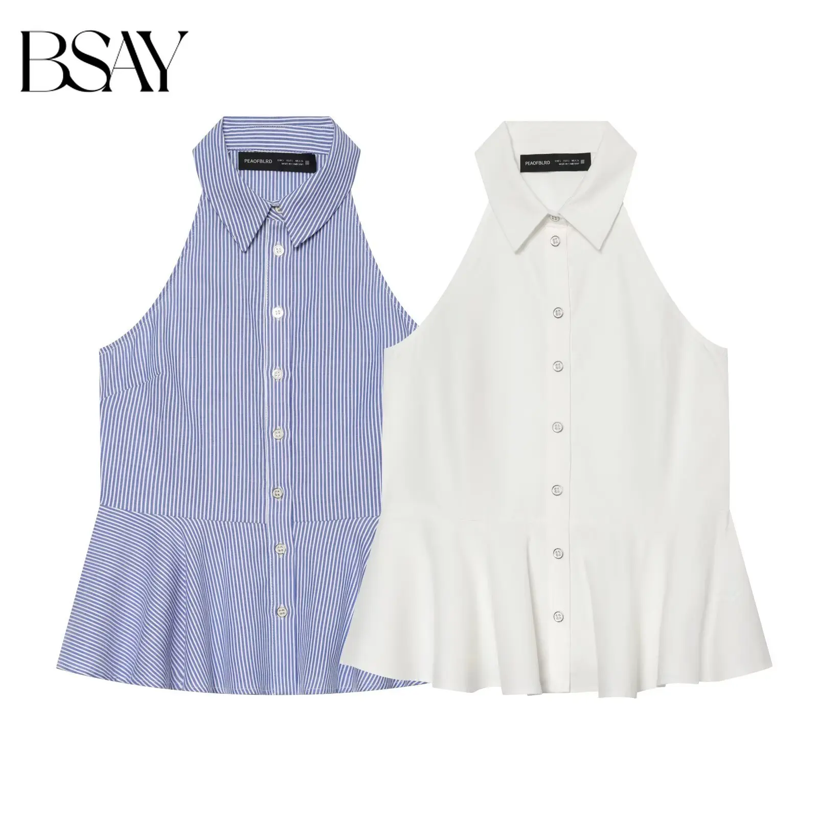 BSAY Summer Sleeveless Halter Neck Shirt Blue Striped White Solid Slim Fit Peplum Hem Blouse Elegant Commuter Office Ruffle Top
BSAY Summer Sleeveless Halter Neck Shirt Blue Striped White Solid Slim Fit Peplum Hem Blouse Elegant Commuter Office Ruffle Top
