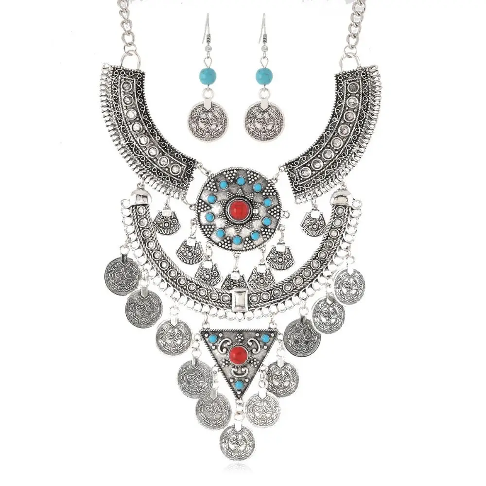 Vintage Turquoise Tassel Necklace Earrings Exquisite Exaggerated Ethnic Style Jewelry Set Golden Silvery Alloy Neck Jewelry
Vintage Turquoise Tassel Necklace Earrings Exquisite Exaggerated Ethnic Style Jewelry Set Golden Silvery Alloy Neck Jewelry