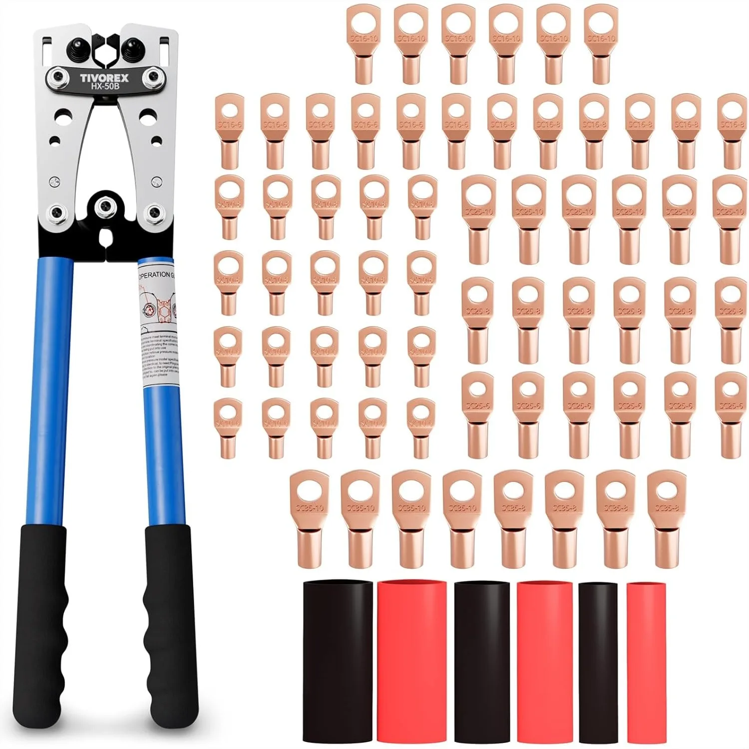 Battery Cable Lug Crimping Tool Kit for AWG 10-1/0, 64pcs Ring Terminals & 110pcs Heat Shrink Tubing, Professional Ratchet
Battery Cable Lug Crimping Tool Kit for AWG 10-1/0, 64pcs Ring Terminals & 110pcs Heat Shrink Tubing, Professional Ratchet
