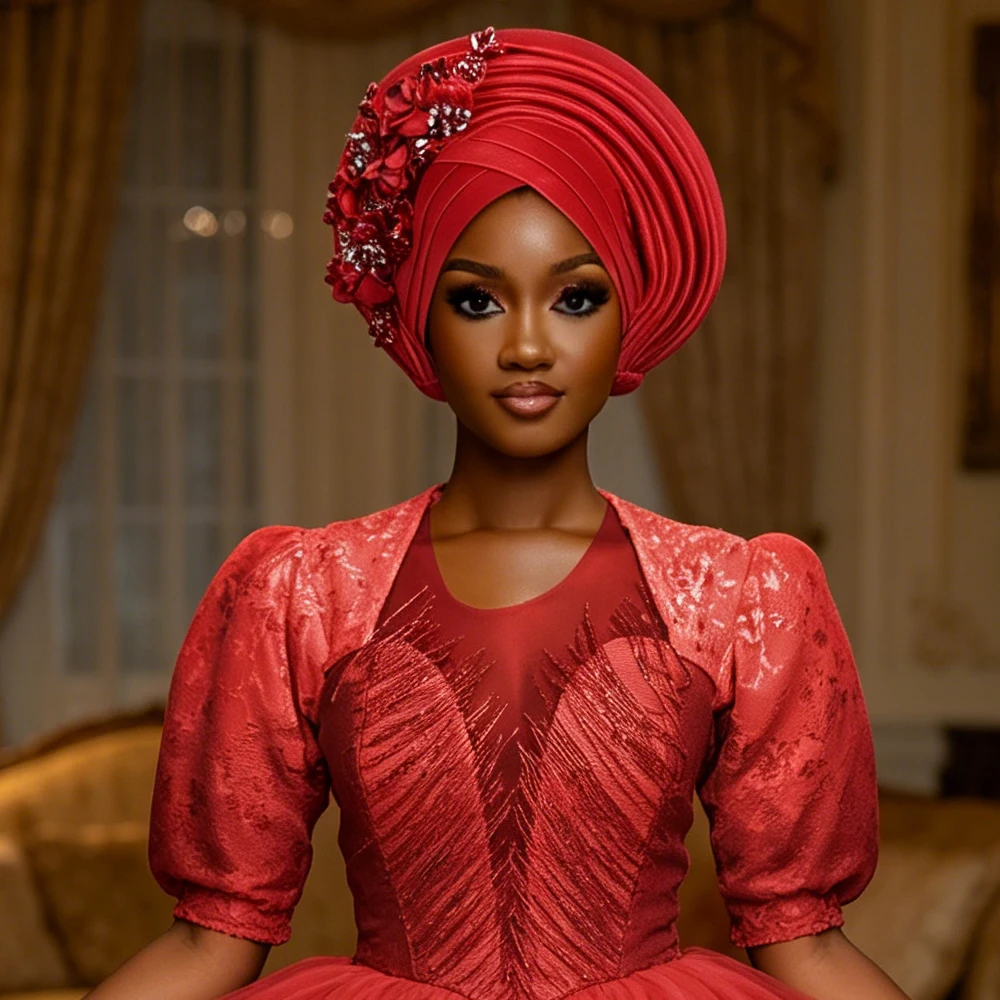 Nigerian Gele Turban with Flower Crystal Accents Pleated Muslim Women Hijab Headwrap African Auto Geles Headties Bonnet Headgear
Nigerian Gele Turban with Flower Crystal Accents Pleated Muslim Women Hijab Headwrap African Auto Geles Headties Bonnet Headgear