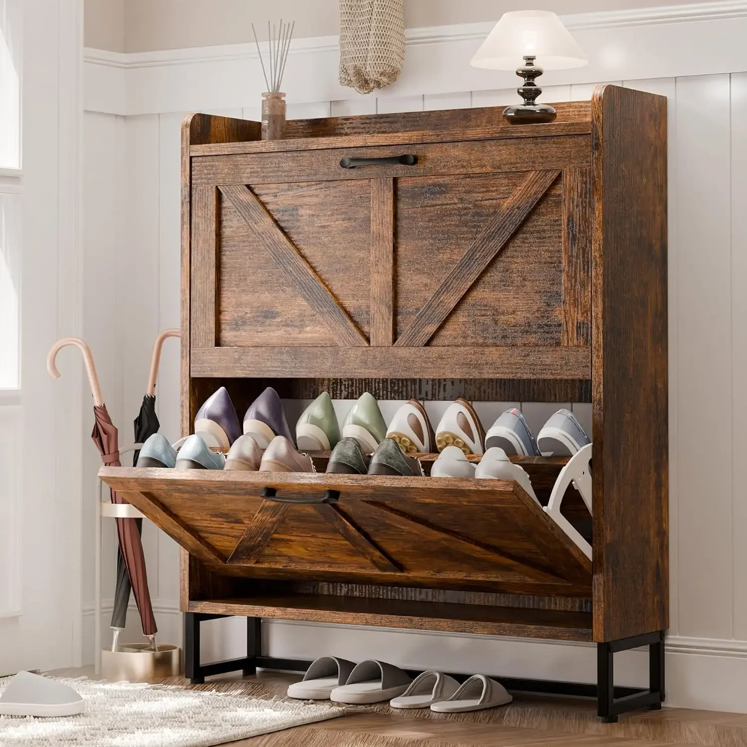 Shoe Storage Cabinet with 2 Flip Drawers, Freestanding Shoe Rack Cabinet with Metal Legs, Hidden Shoe Organizer Cabinet
Shoe Storage Cabinet with 2 Flip Drawers, Freestanding Shoe Rack Cabinet with Metal Legs, Hidden Shoe Organizer Cabinet