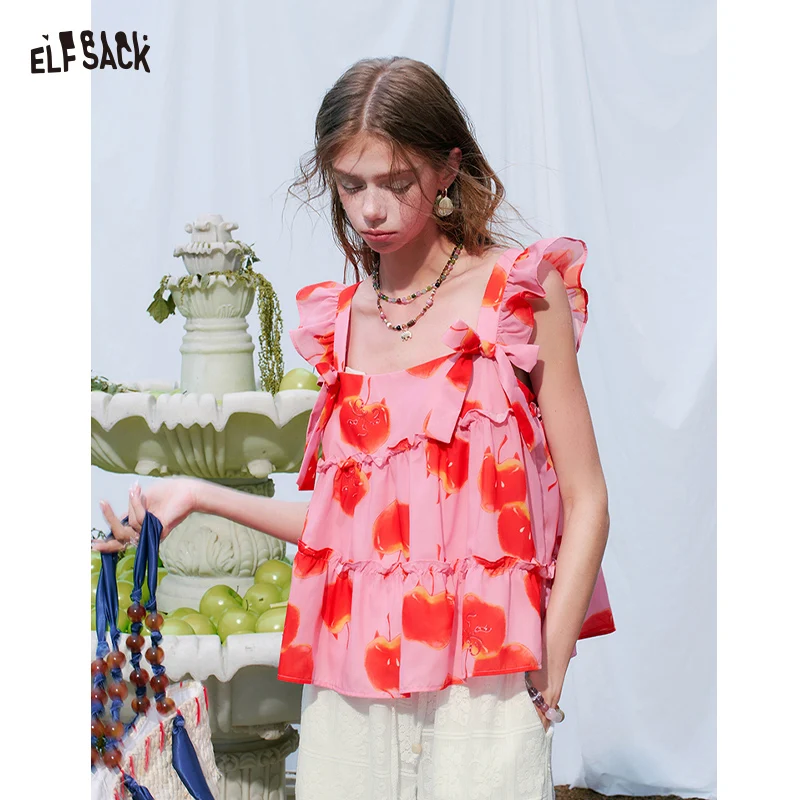 ELFSACK Fruit Print Tiered Blouse with Ruffled Straps, Bow Detail Square Neck Peplum Top, Cute Summer Camisole
ELFSACK Fruit Print Tiered Blouse with Ruffled Straps, Bow Detail Square Neck Peplum Top, Cute Summer Camisole