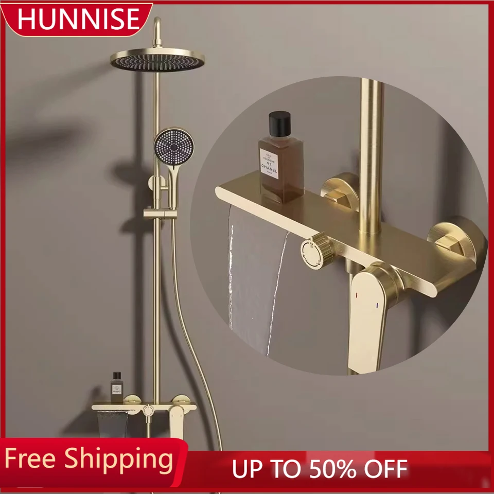 New Brushed Gold Bathroom Shower System Set Copper Waterfall Faucet 12 Inch Rain Shower Head Hot Cold Piano Shower Faucet
New Brushed Gold Bathroom Shower System Set Copper Waterfall Faucet 12 Inch Rain Shower Head Hot Cold Piano Shower Faucet