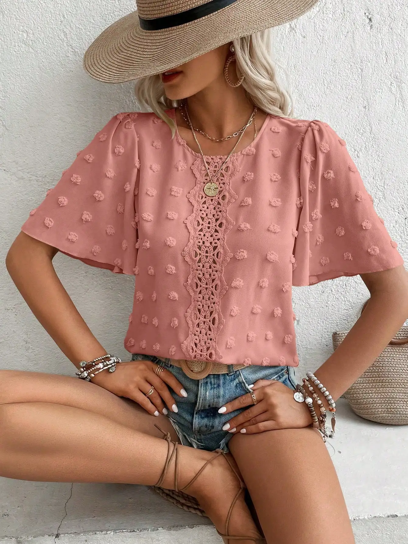 Pink Swiss Dot Lace Puff Sleeve Blouse Casual Women Top
Pink Swiss Dot Lace Puff Sleeve Blouse Casual Women Top