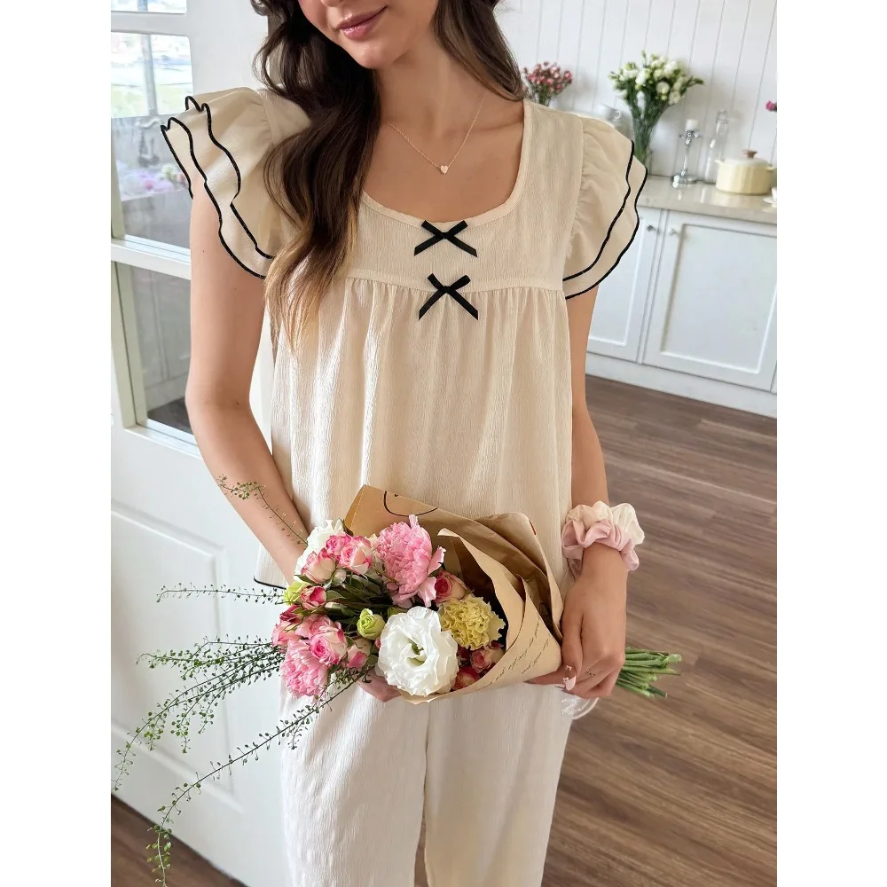 Women's Contrast Color Ruffle Trim Double Layer Cap Sleeve Pajama Set
Women's Contrast Color Ruffle Trim Double Layer Cap Sleeve Pajama Set