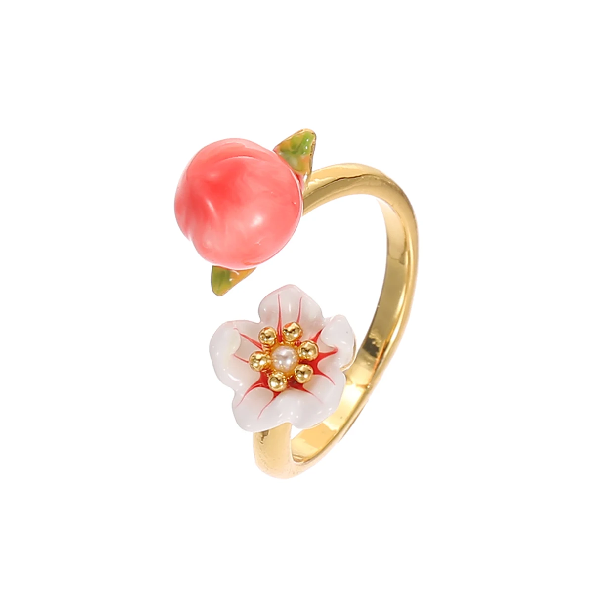 Sweet temperament enamel has white flowers, small peach opening ring, fashionable and simple peach blossom jewelry woman.
Sweet temperament enamel has white flowers, small peach opening ring, fashionable and simple peach blossom jewelry woman.