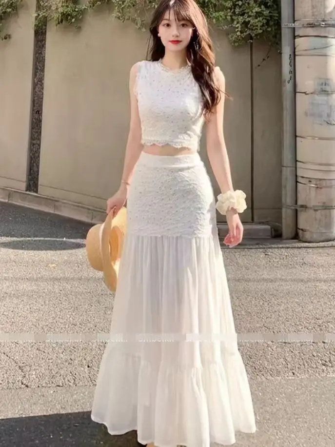 New High End Fashion Lace 2 Piece Set Women O-neck Sleeveless Slim Camisole Crop Top + Splicing Wrapped Hip Long Skirt Suit
New High End Fashion Lace 2 Piece Set Women O-neck Sleeveless Slim Camisole Crop Top + Splicing Wrapped Hip Long Skirt Suit