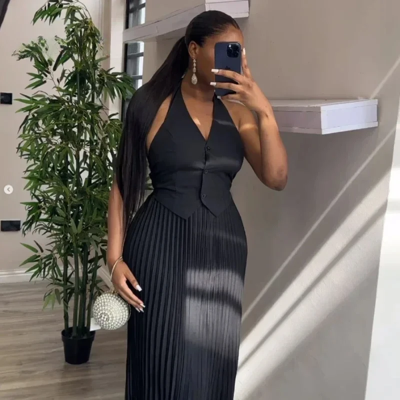 Two Piece Skirt Sets Elegant Outfits Women Sleeveless Single Breasted Vest Top + Pleated Long Skirts Suit OL Office Lady
Two Piece Skirt Sets Elegant Outfits Women Sleeveless Single Breasted Vest Top + Pleated Long Skirts Suit OL Office Lady