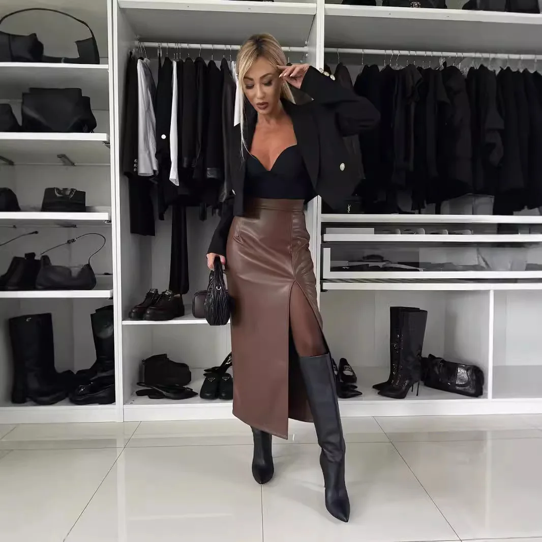 Fashion Pu Leather Women Skirts 2025 New Sexy High Waist Slim Slit Skirts Autumn Brown Fashion Party Club Long Skirt Ropa Mujer
Fashion Pu Leather Women Skirts 2025 New Sexy High Waist Slim Slit Skirts Autumn Brown Fashion Party Club Long Skirt Ropa Mujer