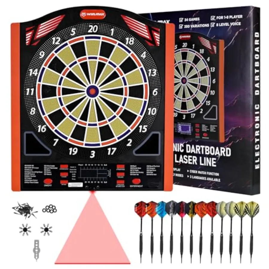 Professional electronic dartboard set for home and pub use, ABS plastic body, black with red accents, includes laser toe line a
Professional electronic dartboard set for home and pub use, ABS plastic body, black with red accents, includes laser toe line a