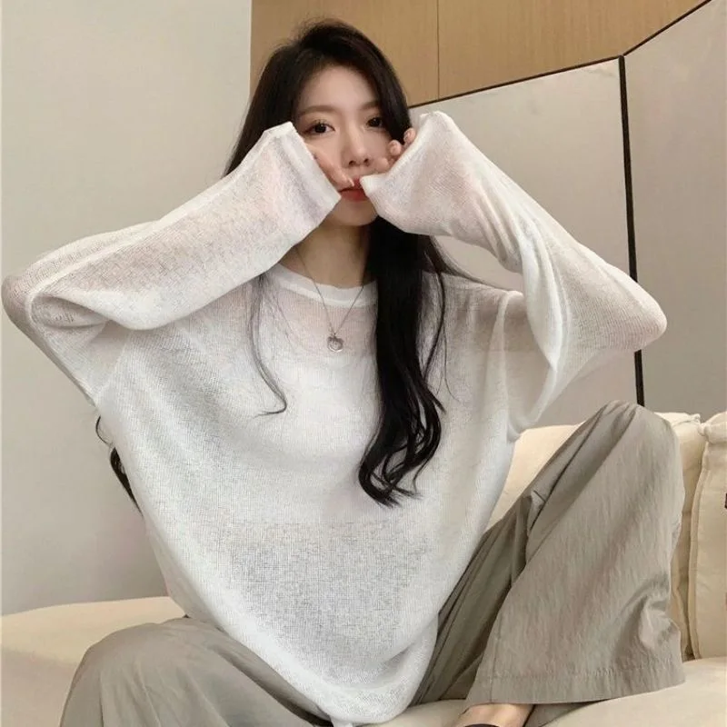 Тонкая футболка с длинным рукавом, женская свободная повседневная стильная солнцезащитная базовая рубашка, модная однотонная рубашка с круглым вырезом, Harajuku 
Тонкая футболка с длинным рукавом, женская свободная повседневная стильная солнцезащитная базовая рубашка, модная однотонная рубашка с круглым вырезом, Harajuku