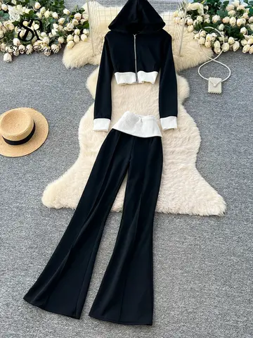 SINGREINY Autumn Women Casual Tracksuits Zipper Hooded Cropped Top+High Waist Flare Pant Fashion Patchwork Simple Sporty Sets