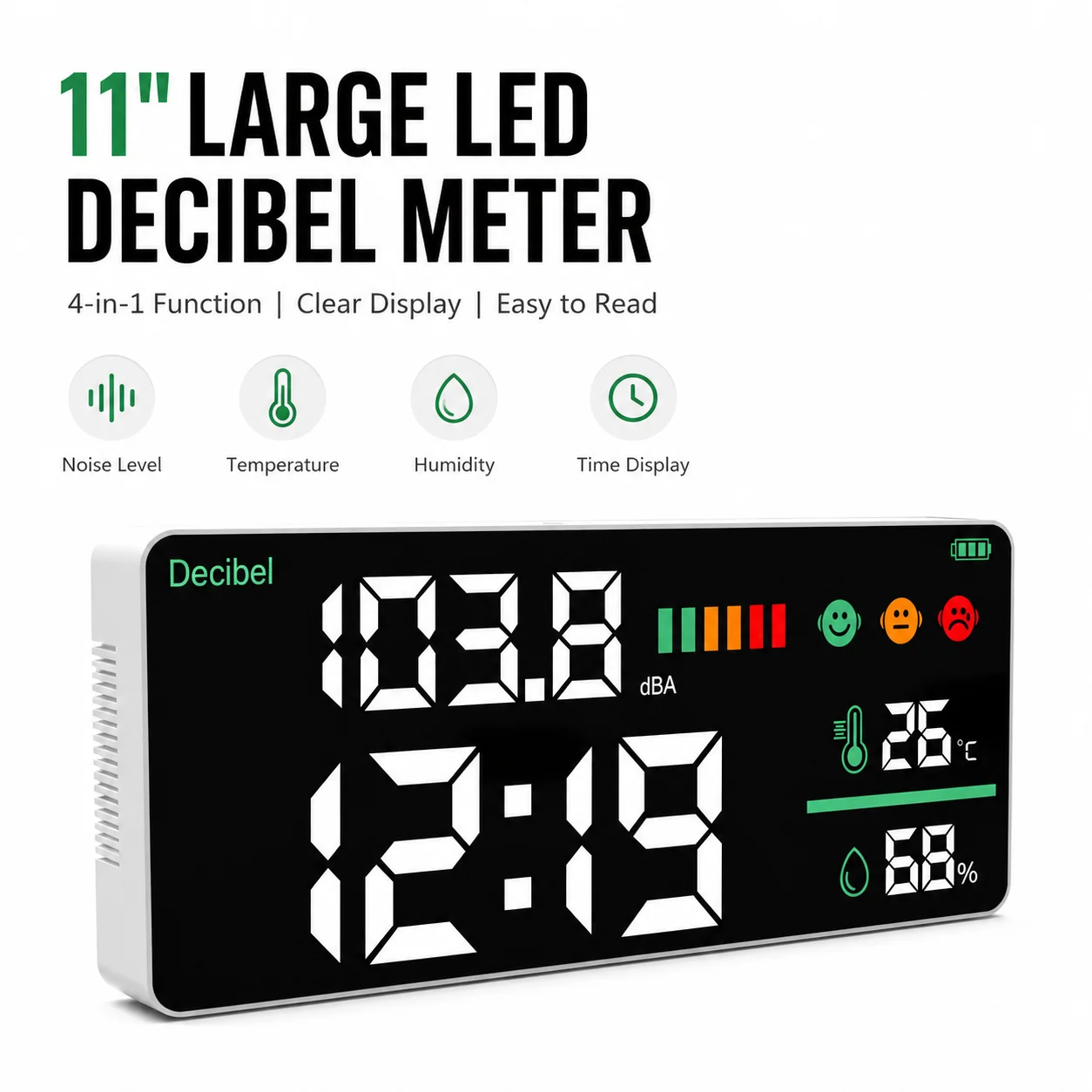 Decibel Meter Monitor Sound Level DB with LCD Display, Wall Mounted Clock Test Noise Volume Measure Humidity Temperature