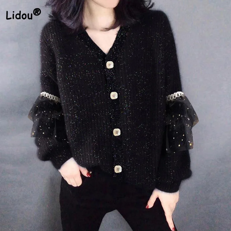 Autumn Winter Women Clothing Korean V-Neck Gilding Long Sleeve All-match Button Black Net Yarn Knitted Open Stitch Slim Sweaters
Autumn Winter Women Clothing Korean V-Neck Gilding Long Sleeve All-match Button Black Net Yarn Knitted Open Stitch Slim Sweaters