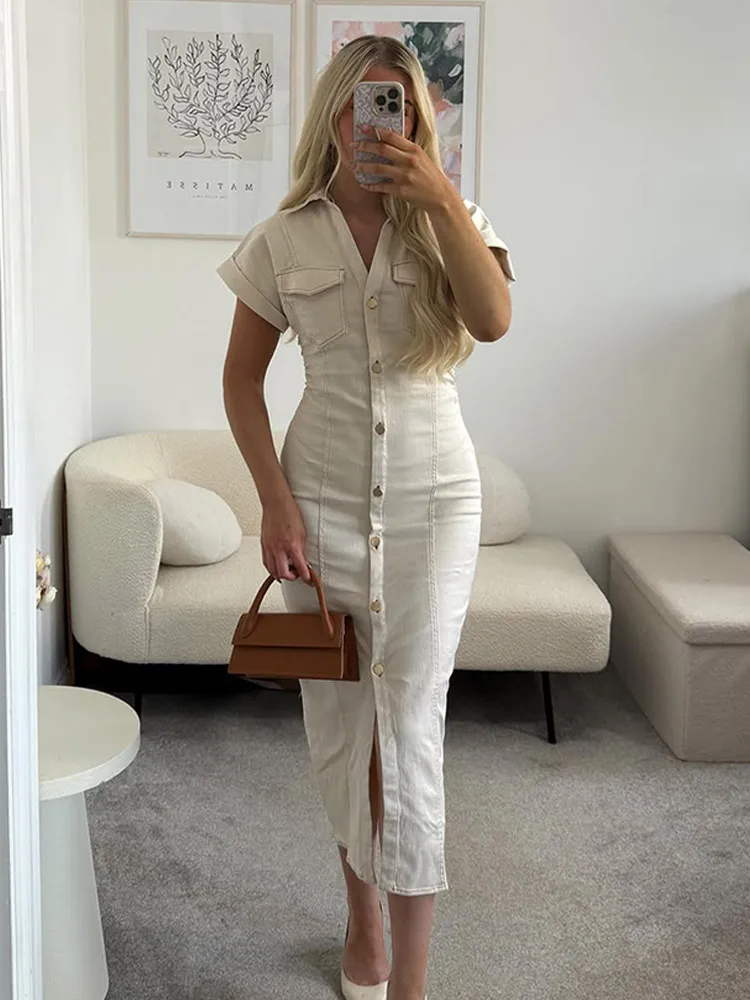 Chic White Lapel Denim Long Dress Women Casual Single Breasted Short Sleeve Slim Maxi Dresses Lady New Summer Commute Robes
Chic White Lapel Denim Long Dress Women Casual Single Breasted Short Sleeve Slim Maxi Dresses Lady New Summer Commute Robes
