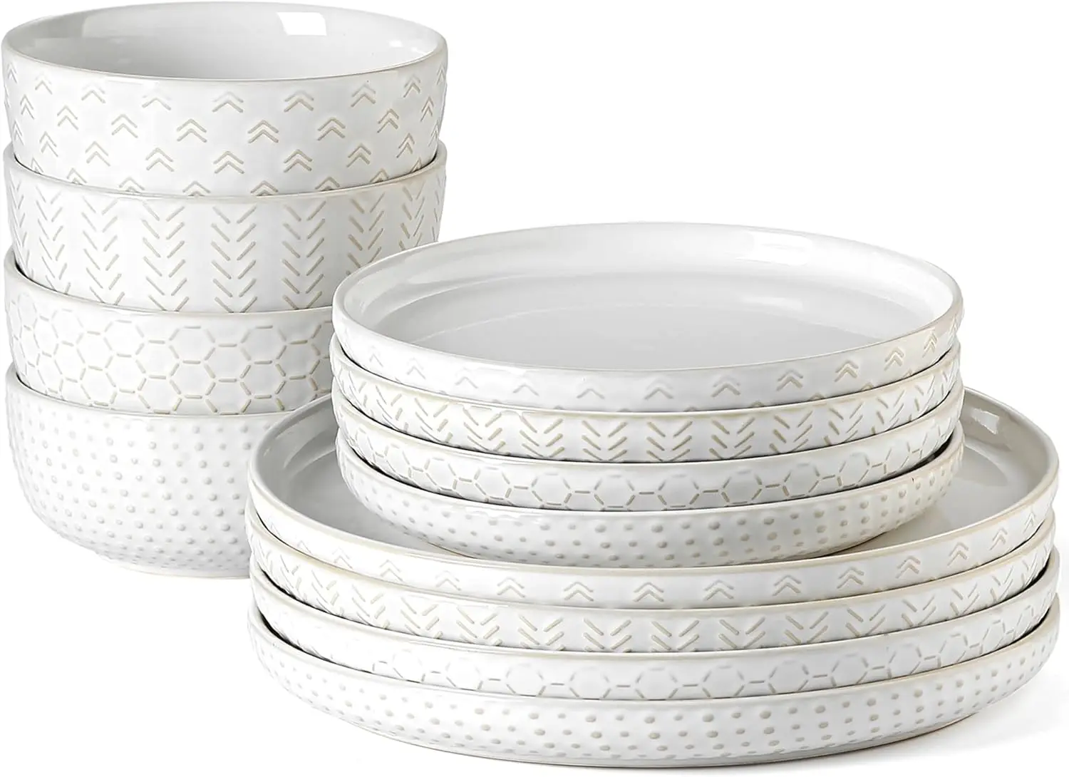 12-Piece Stoneware Dinnerware Set for 4, Reactive Glaze Plates & Bowls, Boho Embossed Ceramic, Chip-Resistant Farmhouse Style, Ivory White
12-Piece Stoneware Dinnerware Set for 4, Reactive Glaze Plates & Bowls, Boho Embossed Ceramic, Chip-Resistant Farmhouse Style, Ivory White