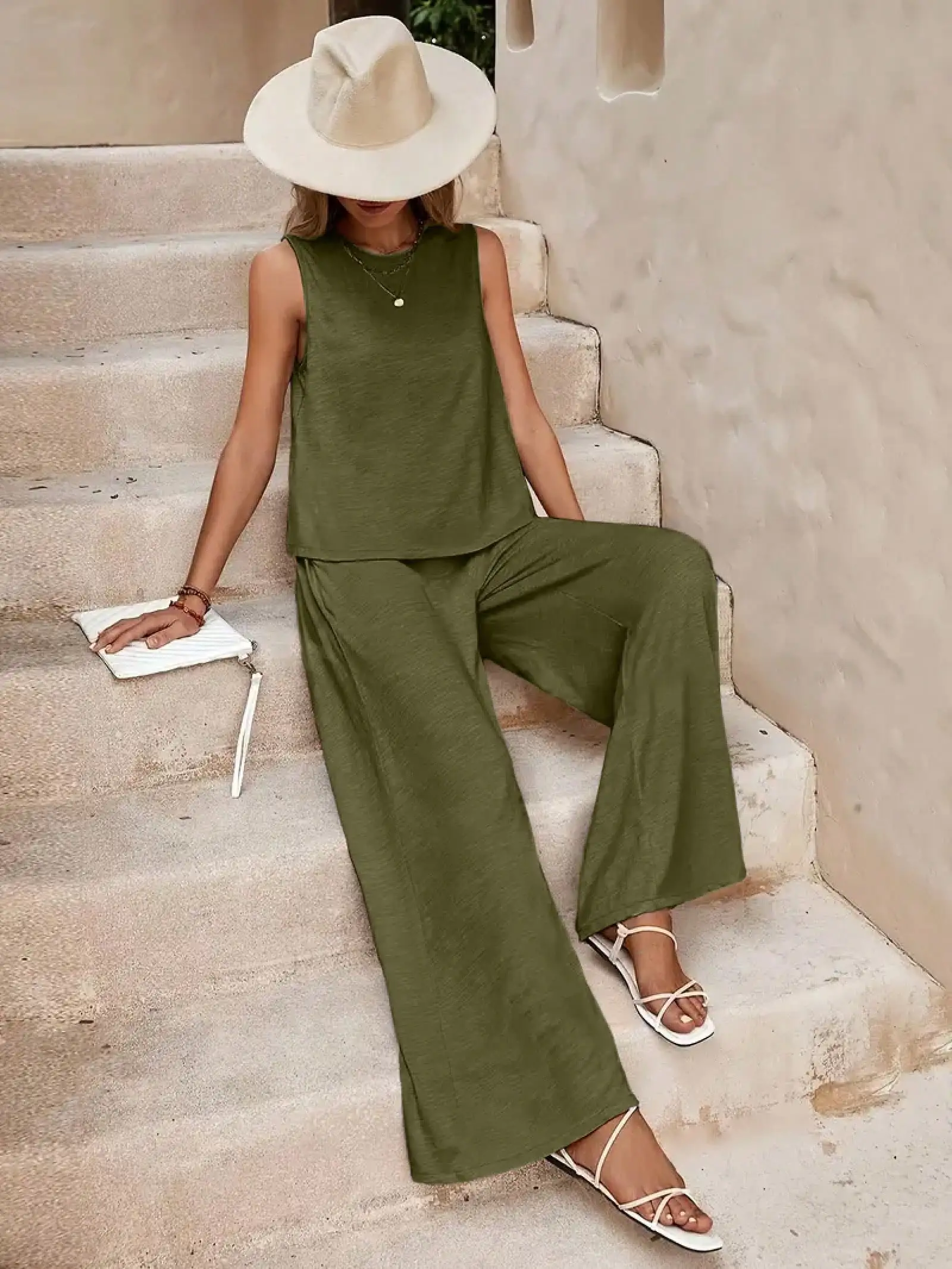Olive Green Sleeveless Top And Wide Leg Pants Set Casual Women Outfit
Olive Green Sleeveless Top And Wide Leg Pants Set Casual Women Outfit