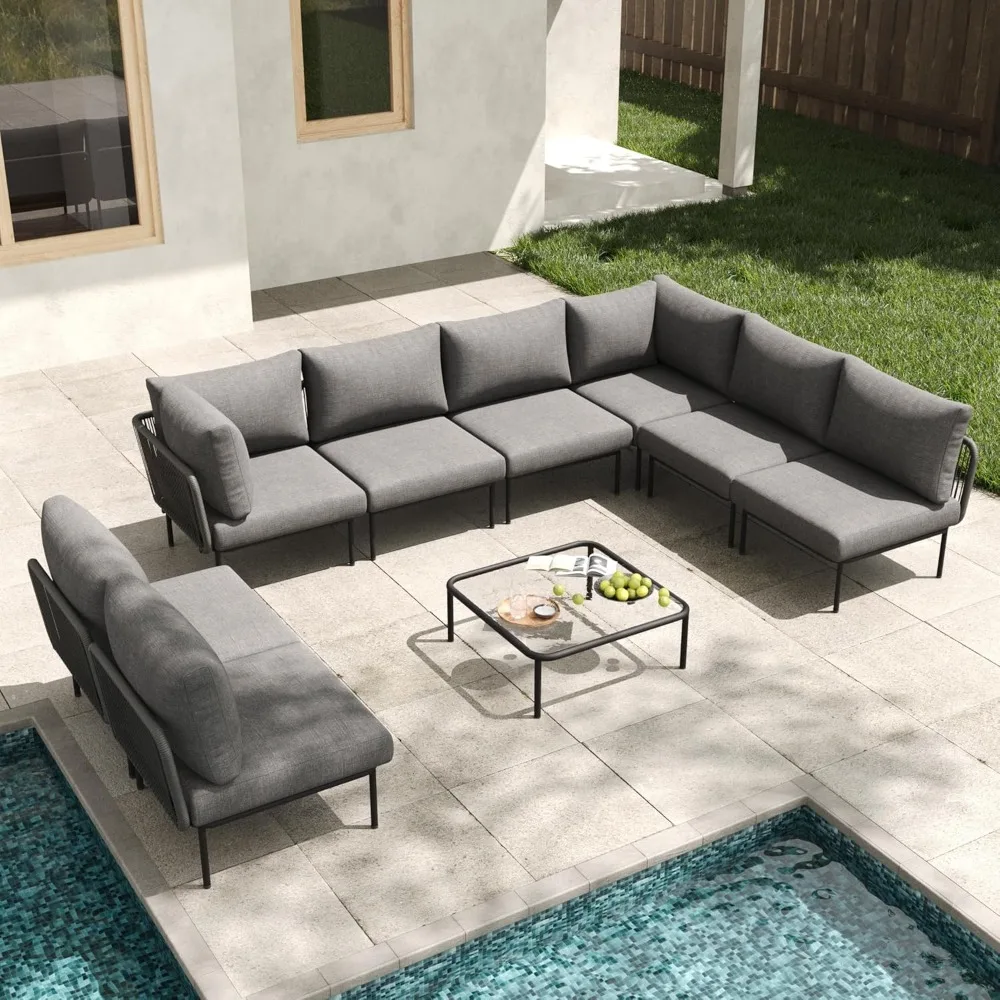 9 Pieces Patio Furniture Set, Metal Modular Sectional Conversation Sofa Set, Modern Woven Wicker Rope Chairs with Coffee Table
9 Pieces Patio Furniture Set, Metal Modular Sectional Conversation Sofa Set, Modern Woven Wicker Rope Chairs with Coffee Table