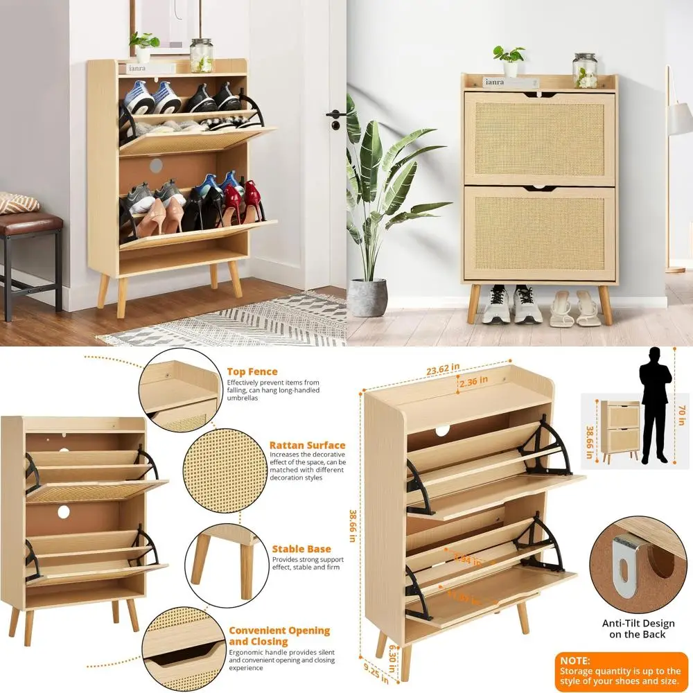 Shoe Cabinet - Hidden Shoe Storage with 2 Flip Rattan Flip-Drawer and Anti-Tip Design, Shoe Cabinet for Entryway, Foyer, Hallway
Shoe Cabinet - Hidden Shoe Storage with 2 Flip Rattan Flip-Drawer and Anti-Tip Design, Shoe Cabinet for Entryway, Foyer, Hallway