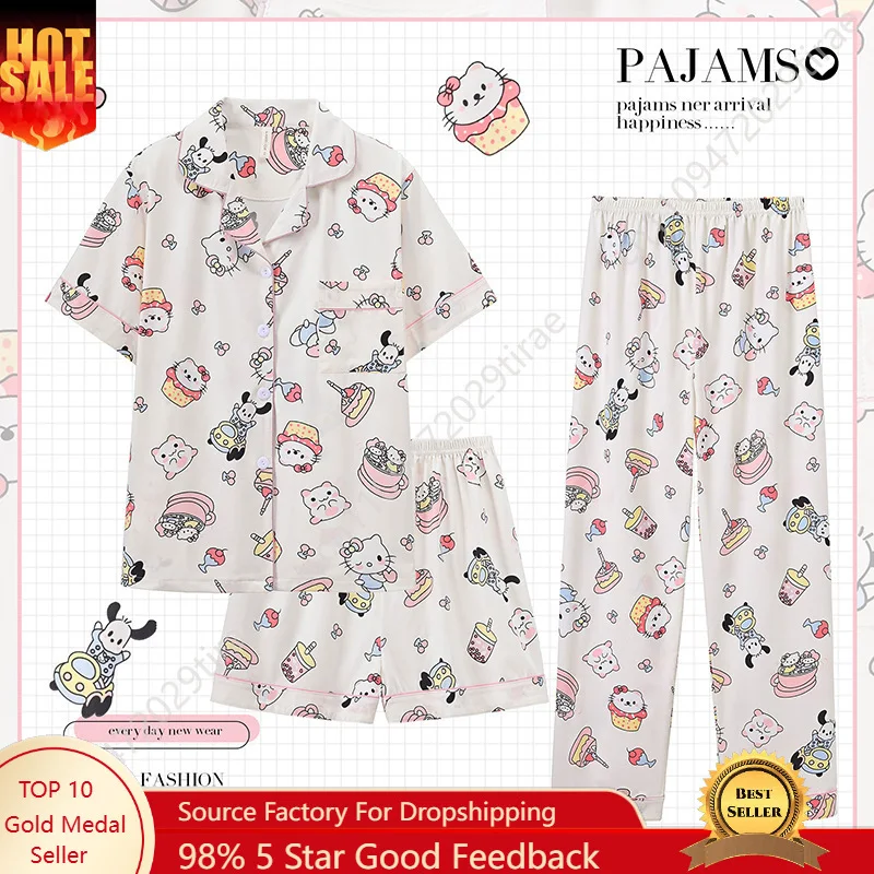 Hello Kitty Pajamas for Women 3 Piece Set Cotton Short Sleeve Spring Summer Kawaii Sanrio Home Wear Cosplay
Hello Kitty Pajamas for Women 3 Piece Set Cotton Short Sleeve Spring Summer Kawaii Sanrio Home Wear Cosplay