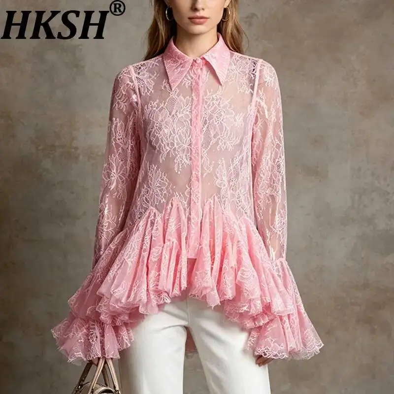 HKSH Women Short Dress Lace Sheer Long Sleeves Ruffled Hem Turn-down Collar Sexy Chic High-end Tide Shirt Dresses Summer HK23182
HKSH Women Short Dress Lace Sheer Long Sleeves Ruffled Hem Turn-down Collar Sexy Chic High-end Tide Shirt Dresses Summer HK23182