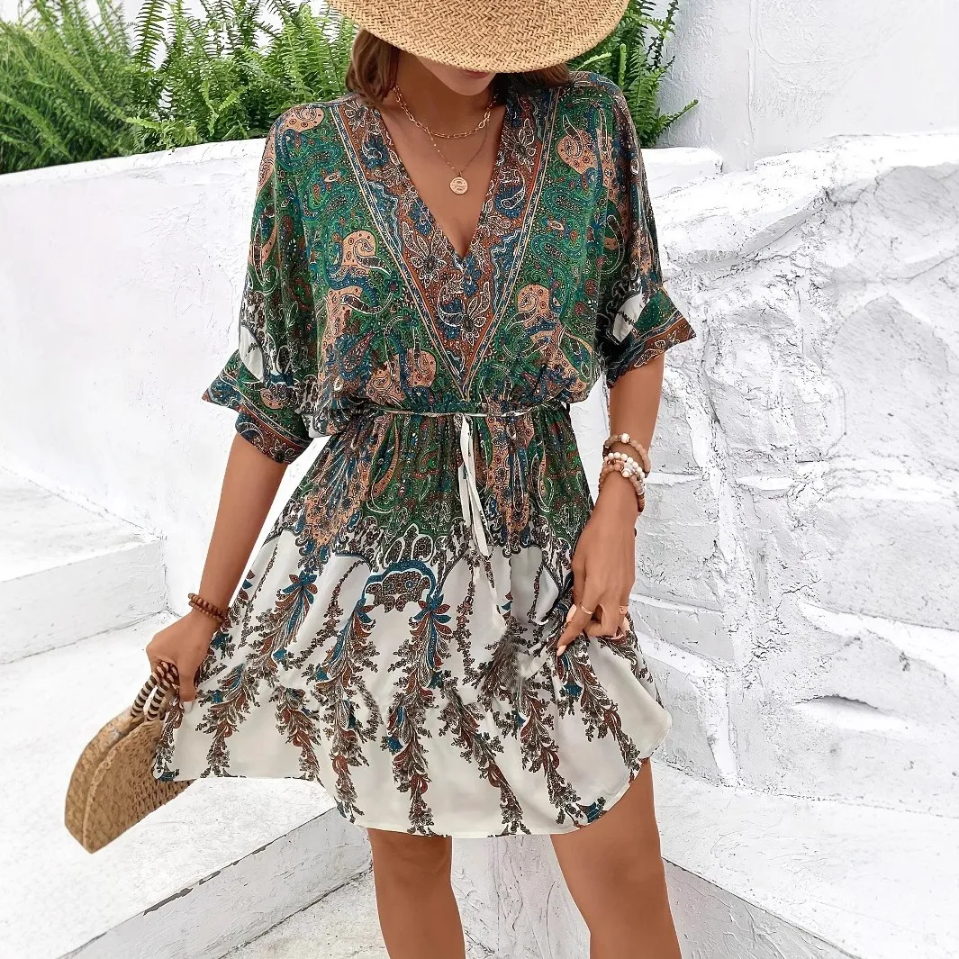 Beachwear Dress V Neck Long Sleeve Beach Dresses Floral Print Maxi Dress Tiered Hem Wrap Boho Dress Green Print
Beachwear Dress V Neck Long Sleeve Beach Dresses Floral Print Maxi Dress Tiered Hem Wrap Boho Dress Green Print